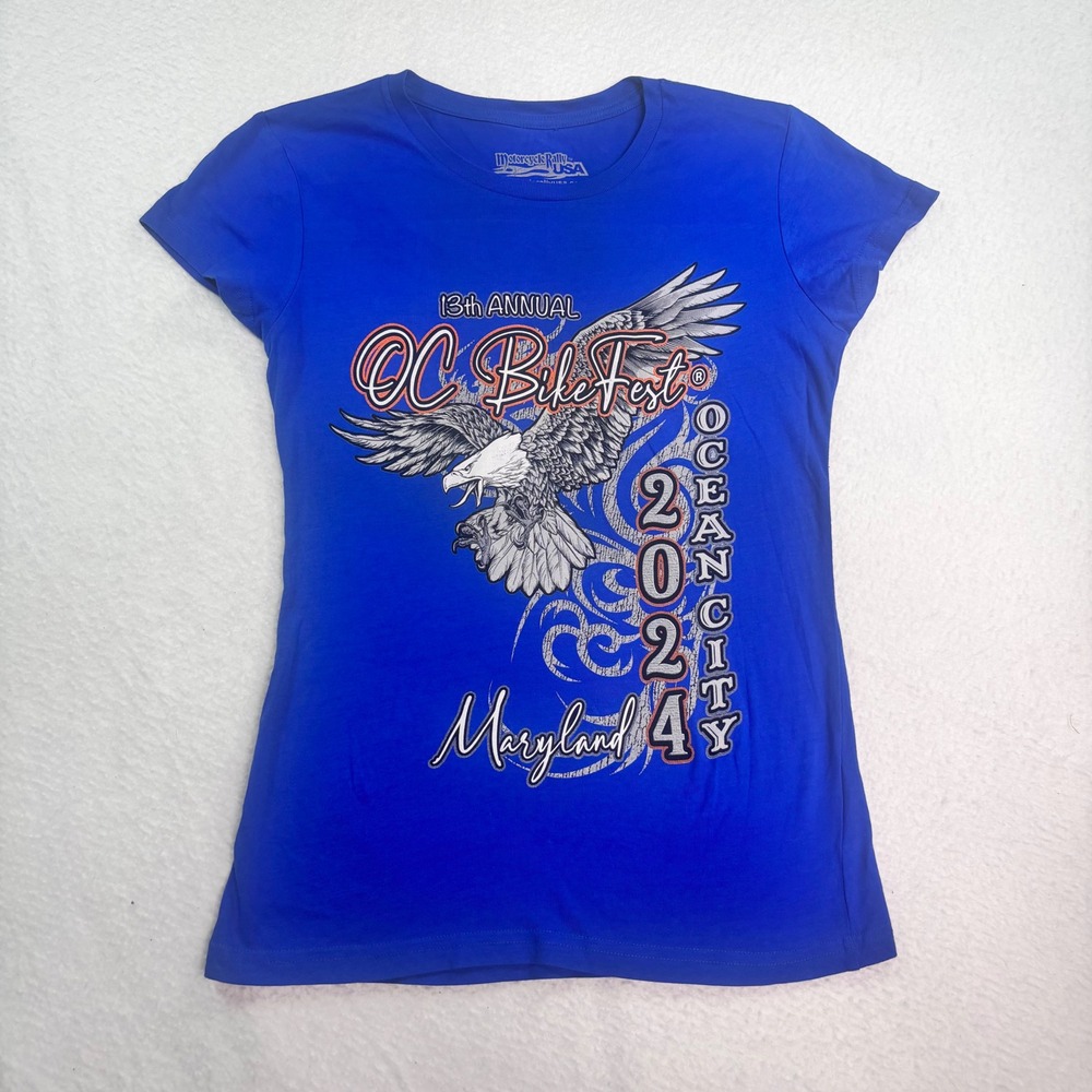 Y2K OC BikeFest Maryland Eagle Graphic Baby Tee Blue Biker Moto Top L